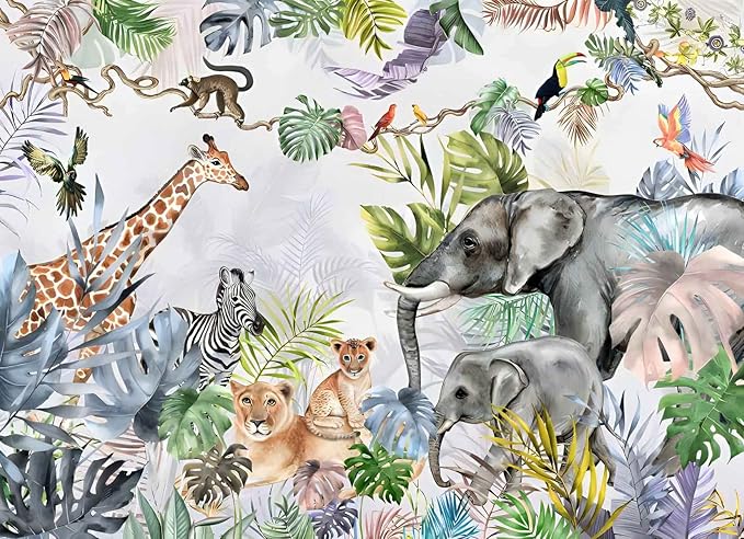 Safari Wallpaper for Kids with Animals Jungle Wall Mural Watercolor Animals Nursery Wallpaper Children Room Decor (Not Peel n' Stick)