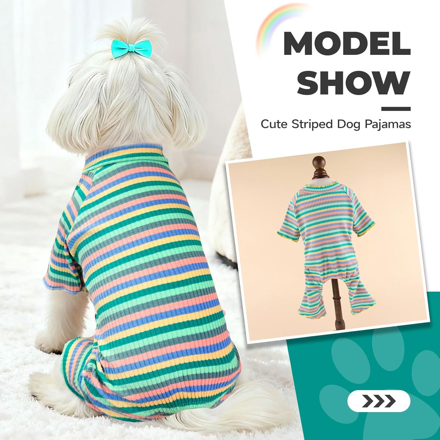BAEJMJK Striped Dog Pajamas Stretchy Cute Four-Legged Boy Girl Dog Clothes with Sleeves Comfortable Dogs Jumpsuit Colorful Pet Puppy Outfits Apparel for Small Medium Dogs Cats(Green,Medium)