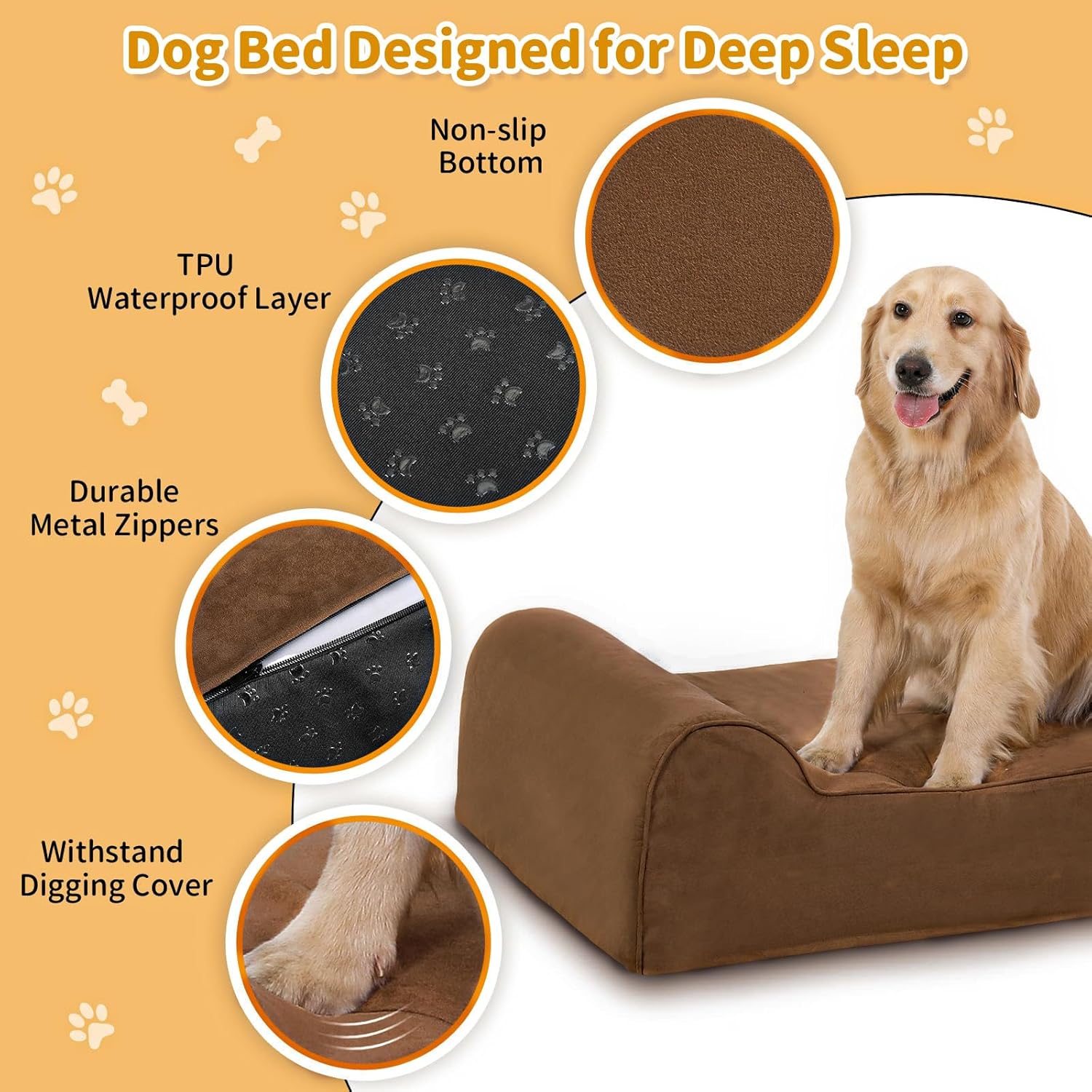 Large Orthopedic Dog Bed, 7" Memory Foam with Waterproof Liner, Chew Resistant Microsuede Cover, Removable and Washable, for Indoor, Outdoor, and Car Use, Nonskid Base, 60"x48" XXL Brown
