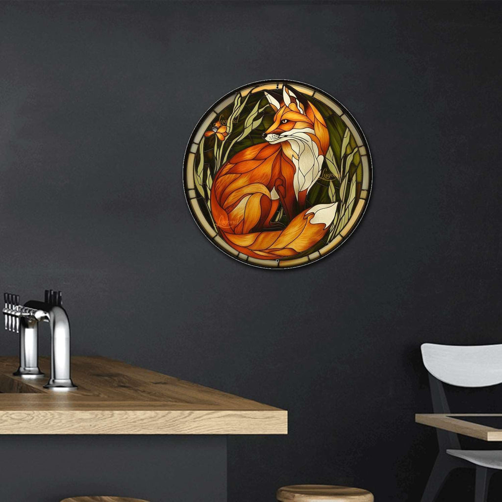Lygond Metal Sign Tin Sign Circular Stained Glass Red Fox Sign Garden Outside for Patio 12×12 Inches