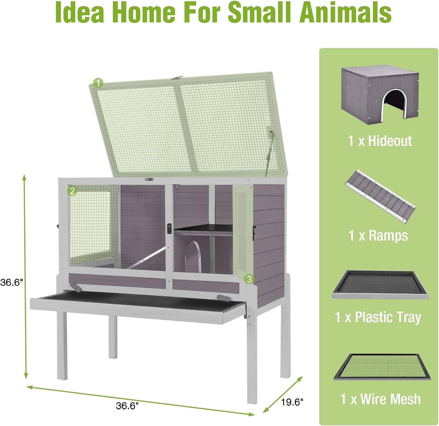 GUTINNEEN Rabbit Hutch Guinea Pig Cages Indoor with Stand Wooden Small Animals Cage Hutch Hamster Cage with Hideout,Pull Out Tray, Anti Chew Ramp (Grey)