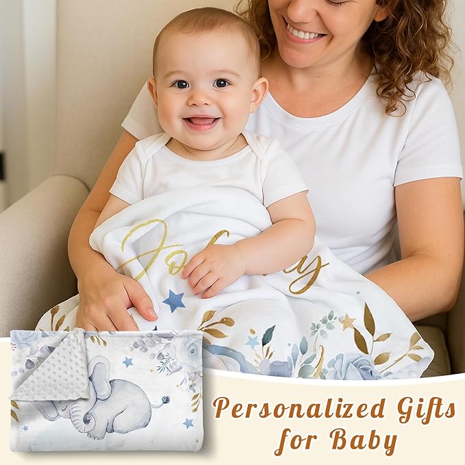 Personalized Baby Blanket for Boys Girls, Custom Baby Blanket with Name, Flannel Blue Elephant Blanket Personalized Gifts for Kids Newborn Infant, Ideal for Birthday Baby Shower(30”x40)