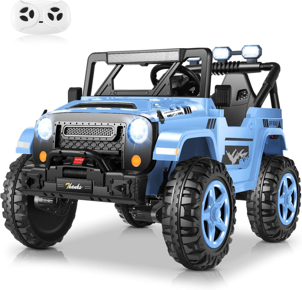 Hikole 2 Seater XL Ride on Cars for Kids - 24V Electric Car with 20 Inch Wide Seat, 4WD/2WD Switch, Remote Control, LED Lights, Music Player, Battery Powered Car for Kids, Blue-Gray