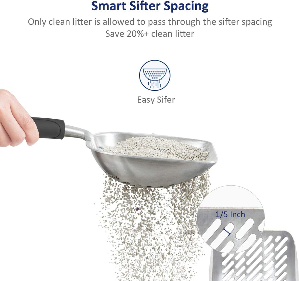 WePet Cat Litter Scoop, Aluminum Alloy Sifter, Kitty Metal Scooper, Deep Shovel with Diagonal Sifting Hole, Long Handle, Kitten Poop Lifter for Litter Box, Large Size, Black Handle