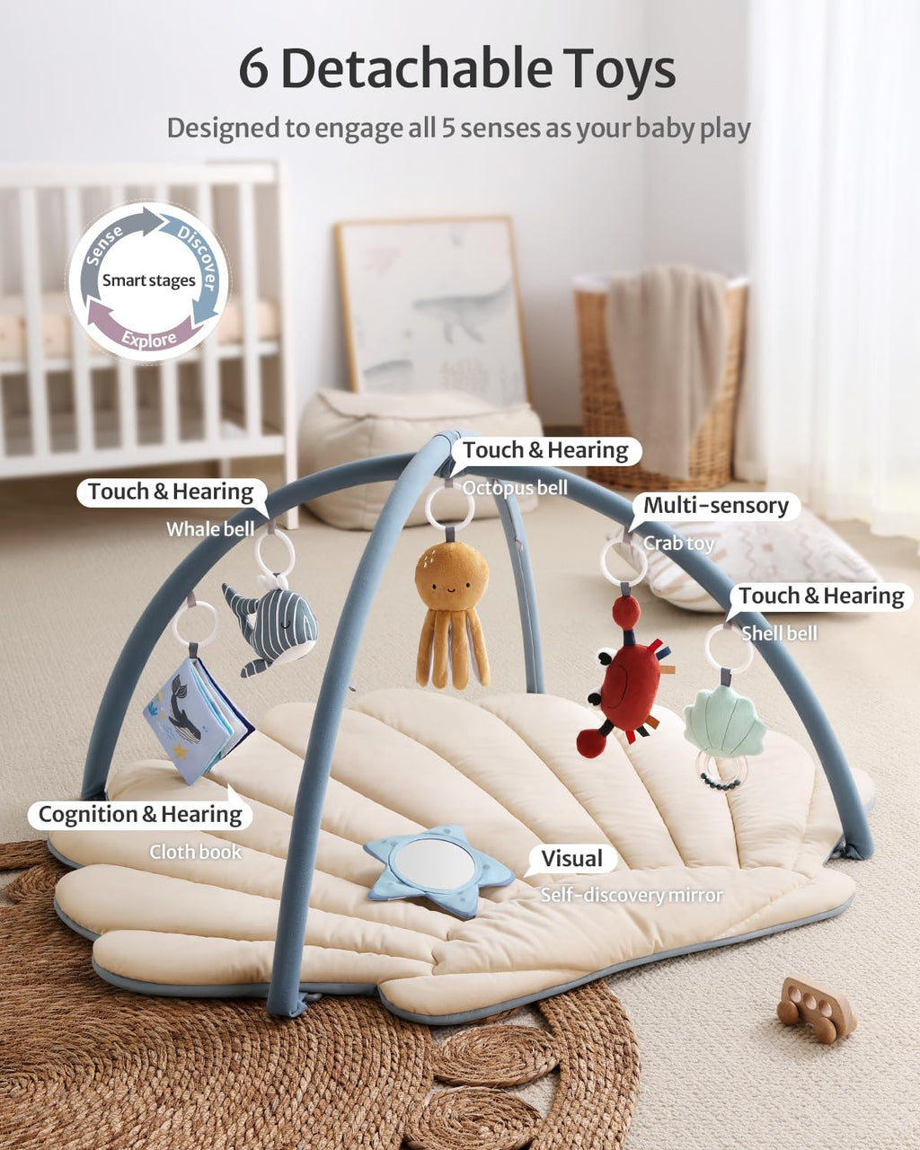 Blissful Diary Shell Baby Play Gym Mat, Softer & Enlarged Tummy Time Mat w 6 Detachable Toys for Sensory & Motor Skill Development, Activity Mat for Newborn Essentials Shower Gift, Boho Ocean Theme