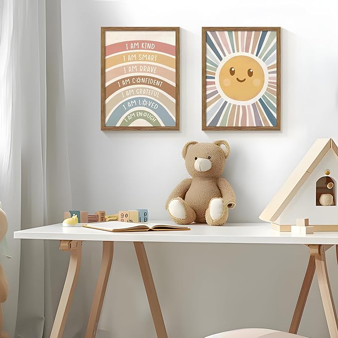 Dytila 2 Piece Framed Boho Rainbow Kids Room Wall Art, Positive Affirmations Playroom Wall Decor, Sun Smiley Face Nursery Painting Canvas Prints for Classroom Toddler Room Decor 16x24 Inch