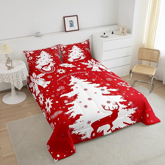 Feelyou Christmas King Size Comforter Set King 3 Pieces Tree Snowflake Deer Printed Bedding Comforter,1 Comforter + 2 Pillow Cases