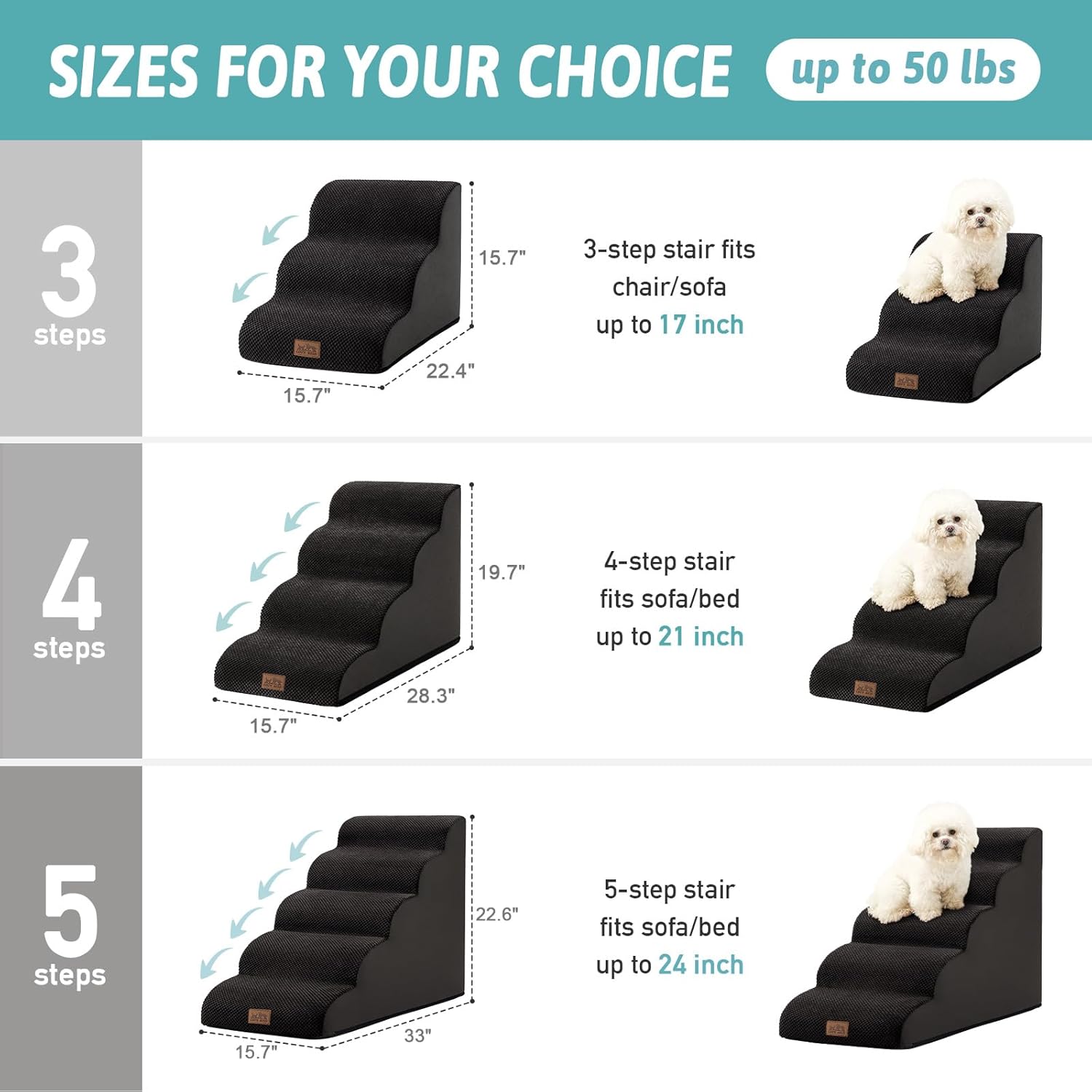 Dog Stairs for Small Dogs 15.7" H, Curved Dog Step for Puppy, Older Cat, Medium Pet Ramp for Sofa, Couch or Bed, Ladder with High Density Foam, 15.7x22.4x15.7 inch, 3 Step, Black