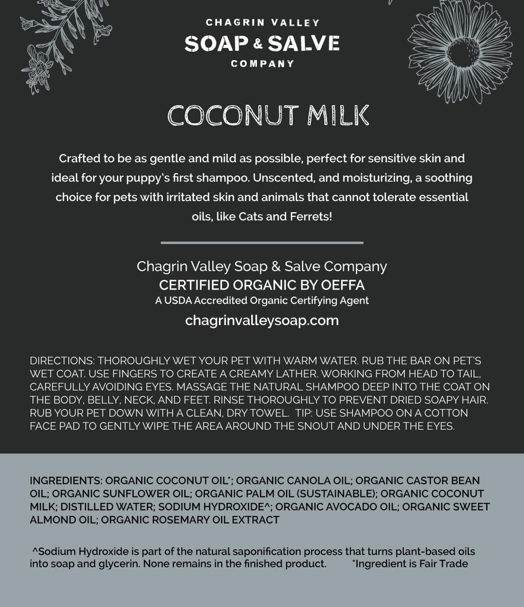 Chagrin Valley Soap & Salve Certified Organic Dog Shampoo and Conditioner – Dog Shampoo Itchy Skin Relief and Puppy Essentials - Natural Handmade Coconut Milk, 3.8 oz Bar