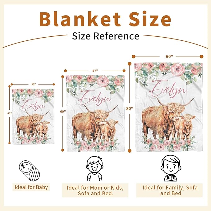 Personalized Baby Blanket for Boys, Custom Name Blanket for Girl Newborn Mom, Soft Flannel with Double Layer Dotted Backing, Gifts for Baby Shower Christmas Birthday, Highland Cow(60" x80)