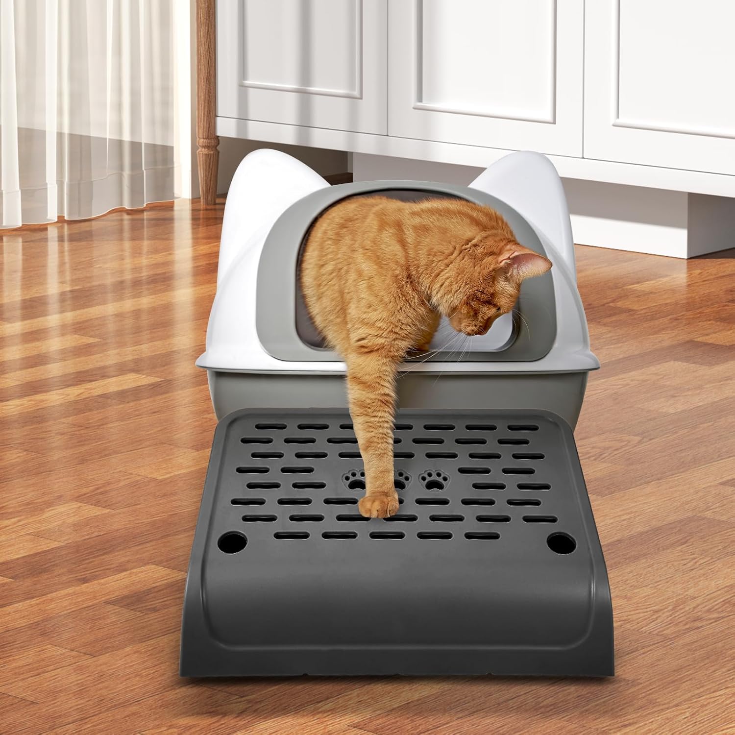 Cat Ramp for Litter Box Step, Stainless Steel Automatic Litter Box Ramp Cat Steps Mat with Filter Function, Double Layered Self Cleaning Cat Stairs with Storage Space for Litter Catcher (Black)