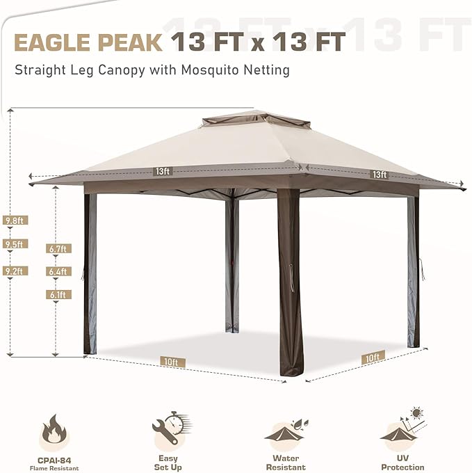 EAGLE PEAK 13x13 Pop Up Gazebo with Mesh Netting, Easy Up Screened Canopy for Patio and Backyard, Easy Set up Outdoor Gazebo (Beige/Brown)