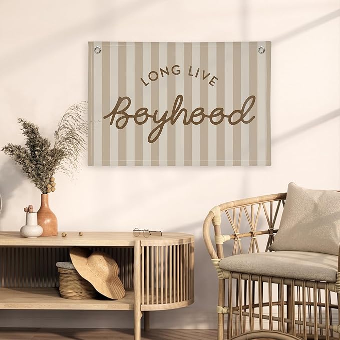 Boys Room Decor Long Live Boyhood Banner，Vintage Playroom Bedroom Nursery Wall Hanging Decor, Retro Kids Room Decor Stripes Flag Banner 30x20 boyroom
