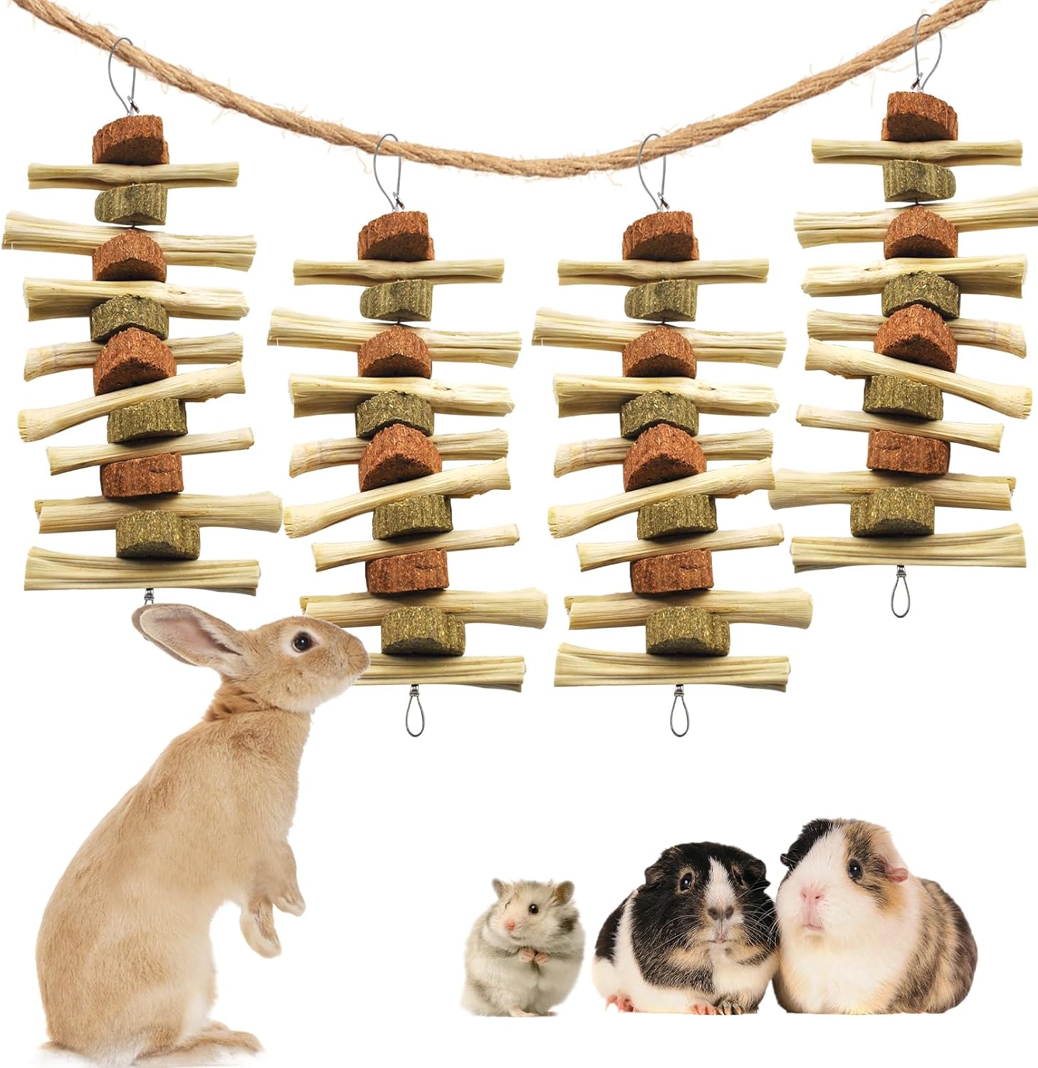 kathson 4 Pcs Bunny Chew Toys for Teeth,Rabbit Hanging Chew Toy Grinding Natural Sweet Bamboo Sticks with Timothy Hay Grass and Carrot Cake for Improve Rodent Small Animals Dental Health