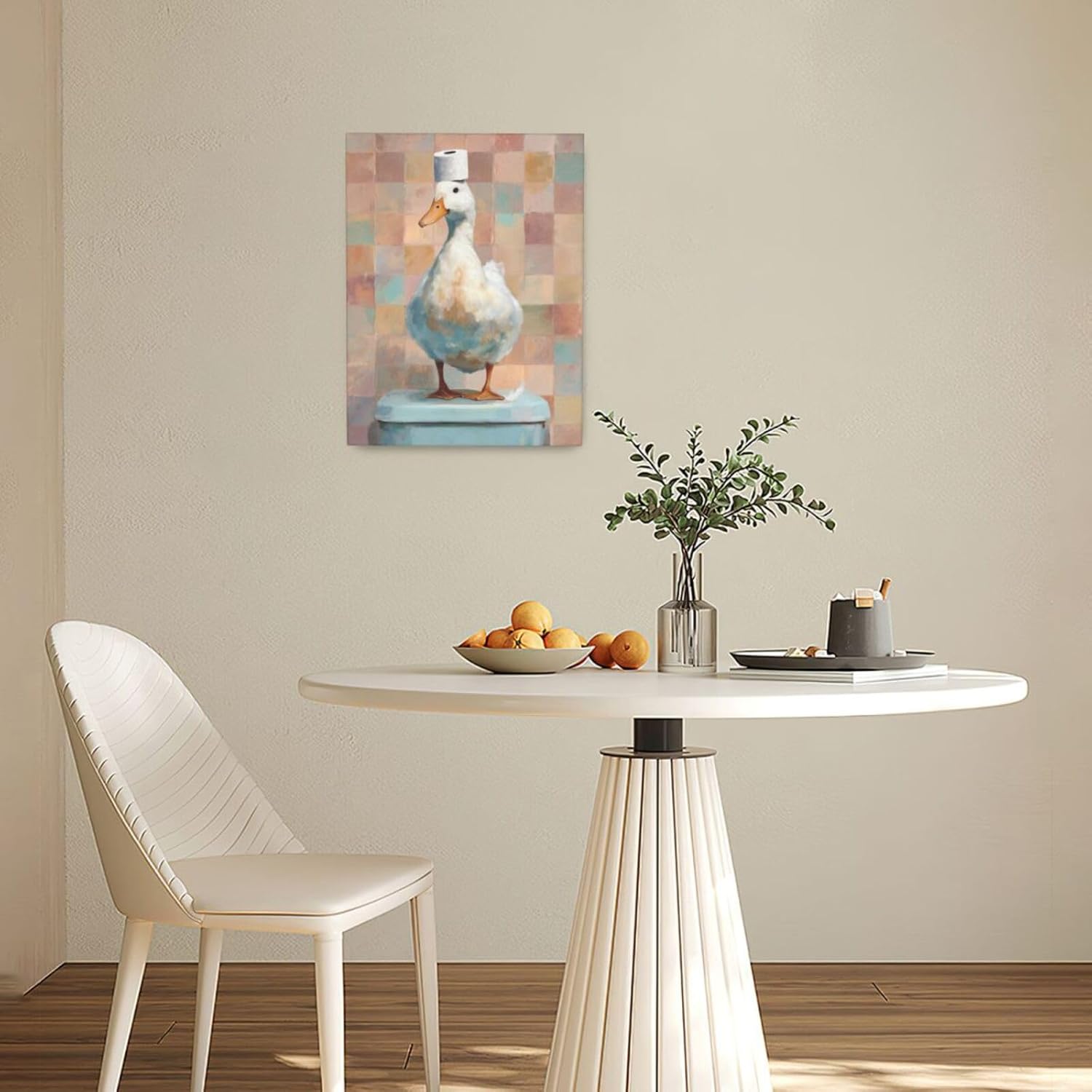 Funny Duck Bathroom Wall Art Cute Duck on Toilet Canvas Wall Decor Funny Quirky Farm Animal Pictures Painting Print Framed Artwork Decorations Gifts for Bathroom 12"x16"