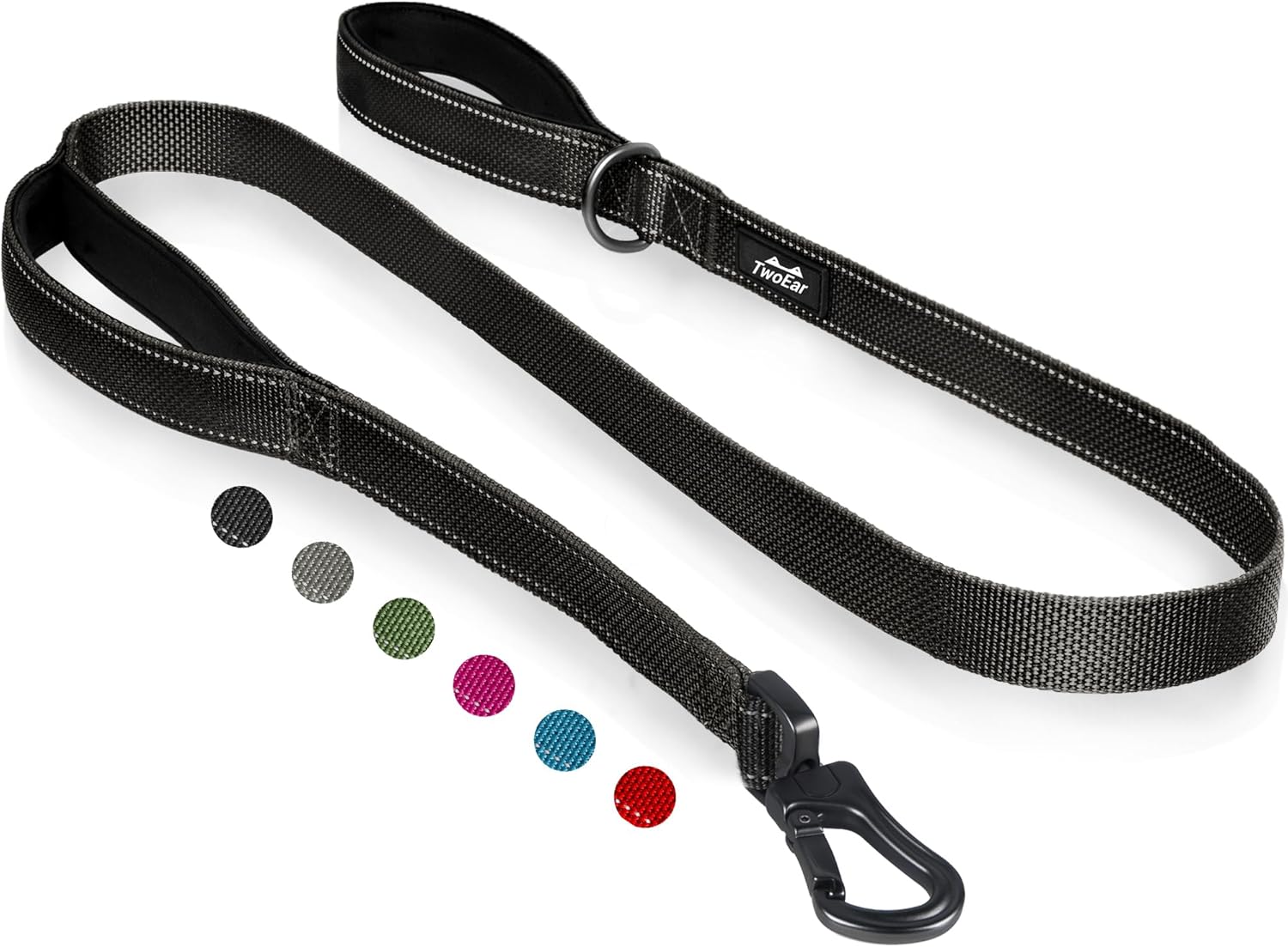 TwoEar 6FT 1IN Strong Black Dog Leash with 2 Padded Handles, Traffic Handle Extra Control, Comfortable Soft Dual Handle, Auto Lock Hook, Reflective Walking Lead for Small Medium and Large Dogs