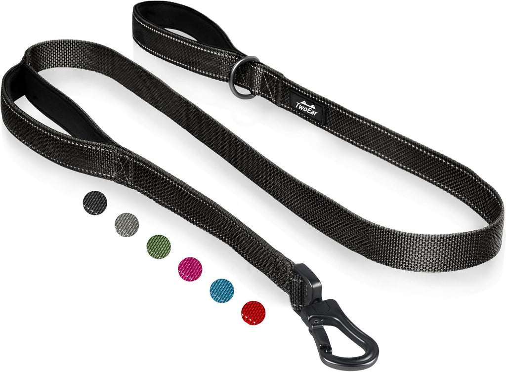 TwoEar 4FT 1IN Strong Black Dog Leash with 2 Padded Handles, Traffic Handle Extra Control, Comfortable Soft Dual Handle, Auto Lock Hook, Reflective Walking Lead for Small Medium and Large Dogs