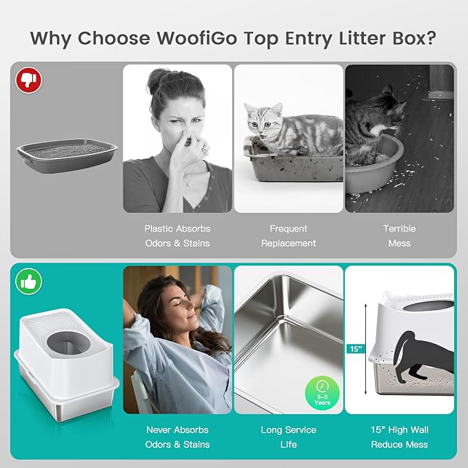 WoofiGo Stainless Steel Cat Litter Box, Large Top Entry Litter Box - Image 2