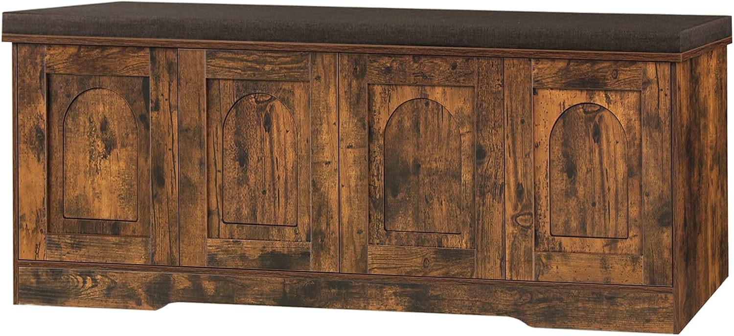 DINZI LVJ Shoe Bench, Entryway Storage Bench with Doors, Cushion, 2-Tier Shoe Rack with 8-Cubby, 47.2”L x 13.8”W Shoe Organizer Cabinet, Adjustable Shelf, Living Room, Bedroom, Rustic Brown