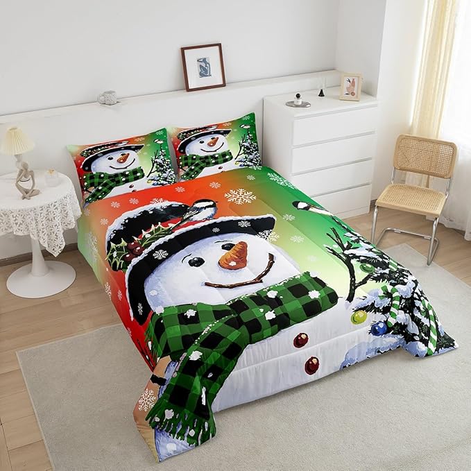 Feelyou Kids Christmas Theme Decorations Bedding Set Xmas Snowman Comforter Set for Boys Girls Snowflake Kawaii Cute Comforter Orange Red Green Quilt Set Bedroom Collection Full Size