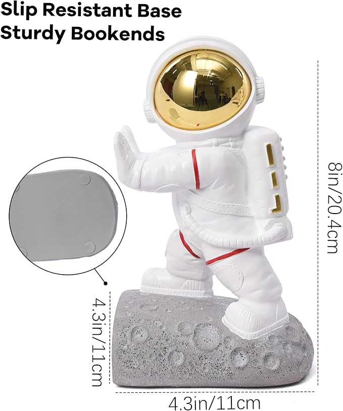 Space Decor Bookends, Resin Astronaut Bookshelf Ends for Kids Rooms Gold Book Ends for Heavy Books Fun Heavy Duty Book End Holder Astronaut Figurine Statue for Office Home Room(D-Gold)