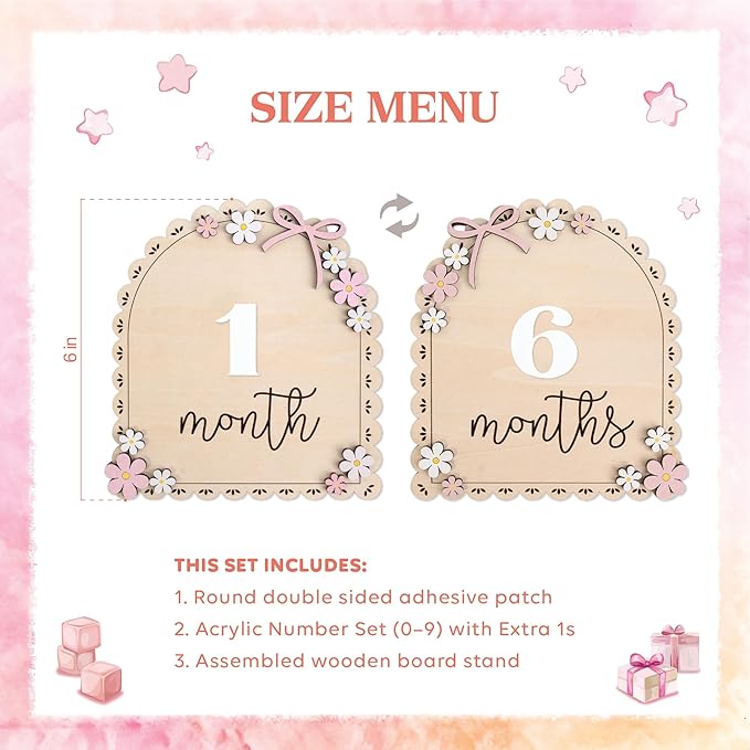 Baby Monthly Milestone Wooden Sign with Numbers and Stand – Natural Wood Milestone Board for Newborn Monthly Growth Photos – Cute 3D Flowers Photo Prop for Baby Milestone Memories (Daisy)