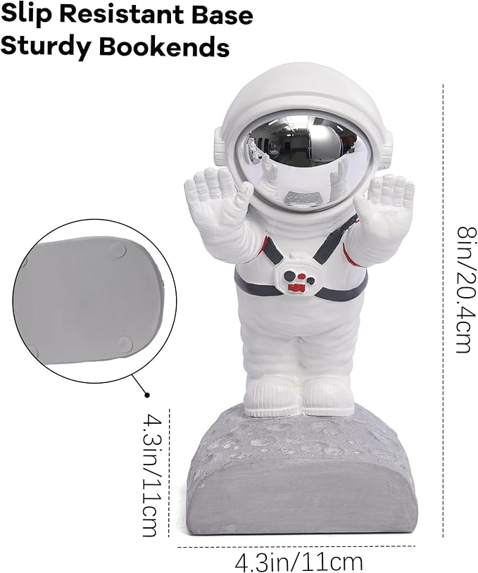 Book End Holder, Astronaut Bookends Outer Space Themed Astronaut Figurine Decorative Book Stoppers to Hold Books Heavy Duty Bookshelf Ends for Kids Rooms Space Decor Bookends (A-Silver Color)