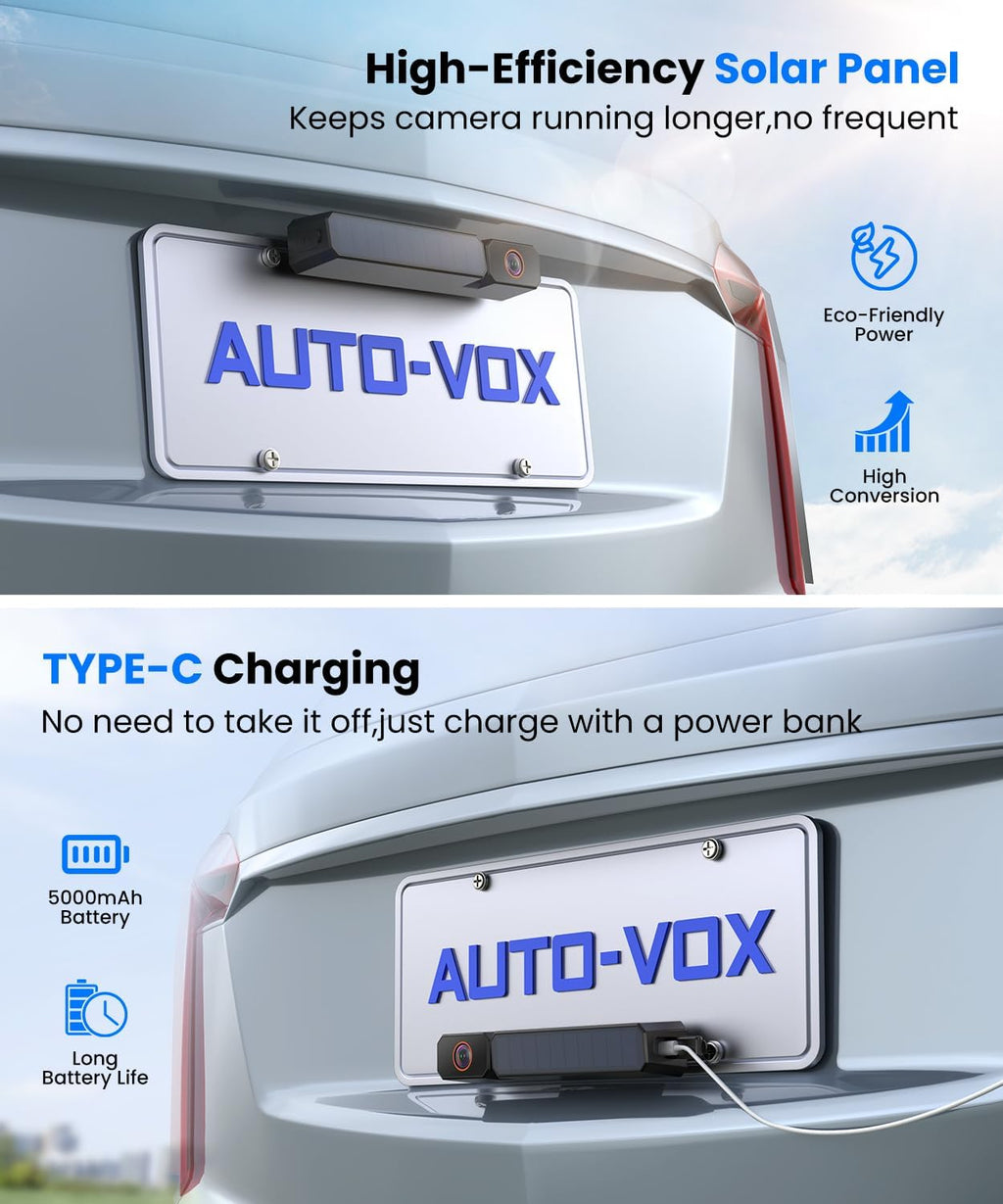 AUTO-VOX Solar Wireless Backup Camera with 5" 1080P Monitor: 5000mAh Battery 2 Mins DIY Installation & 2 Split Screen Back Up Camera, IP69K Waterproof Reverse Camera for Car, Van, SUV, Truck, Trailer