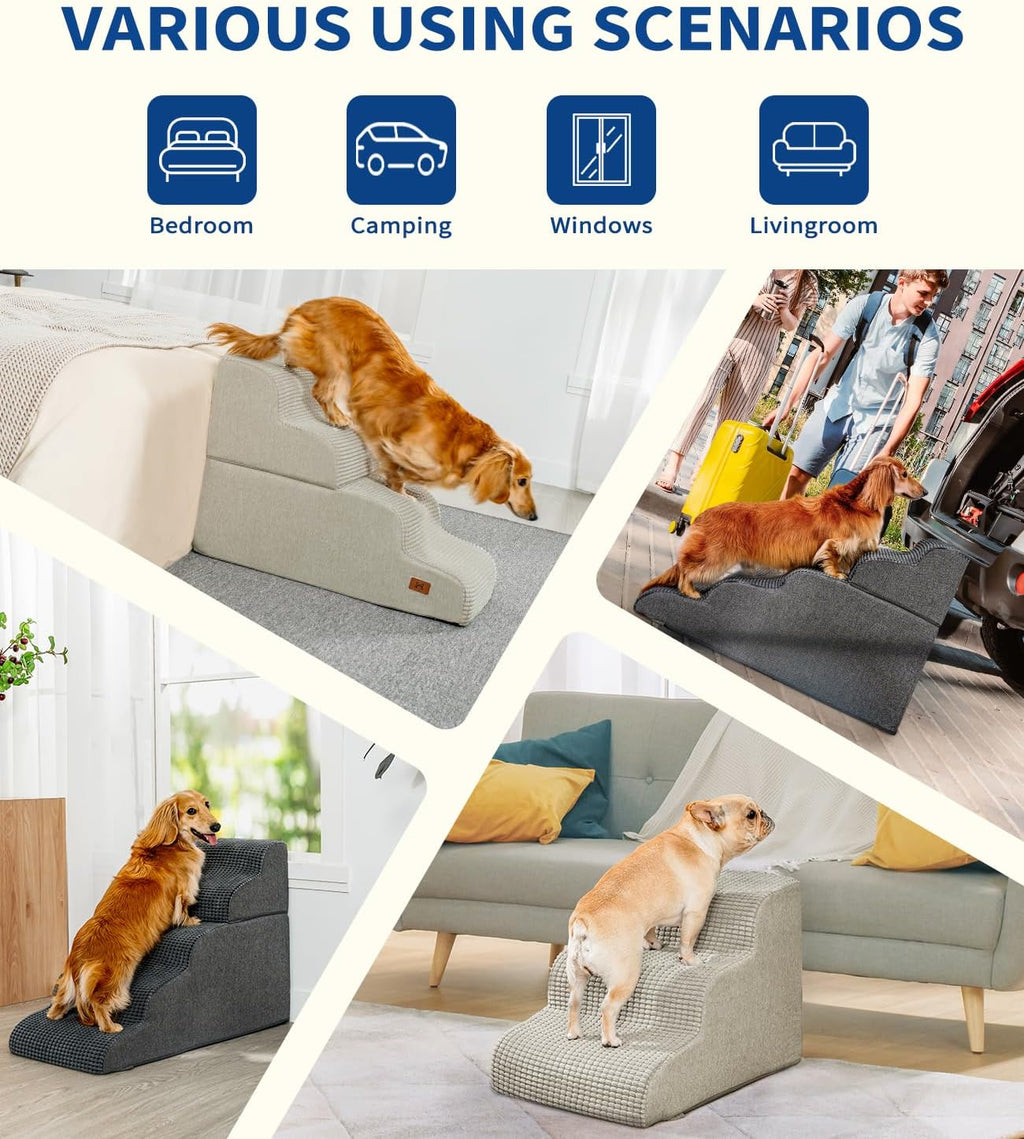 Dog Step for Bed, Dog Stair 4-Step 35D Pet Stair 19.7" H for High Bed or Sofa Non-Slip Balanced Pet Step Indoor, Grey
