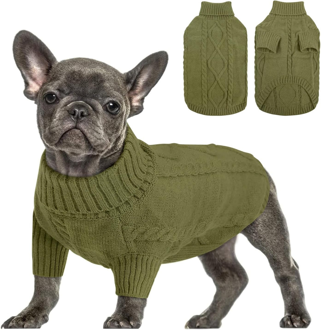 Queenmore Small Dog Pullover Sweater, Cold Weather Cable Knitwear, Classic Turtleneck Thick Warm Clothes for Chihuahua, Bulldog, Dachshund, Pugl,OliveGreen,XXL