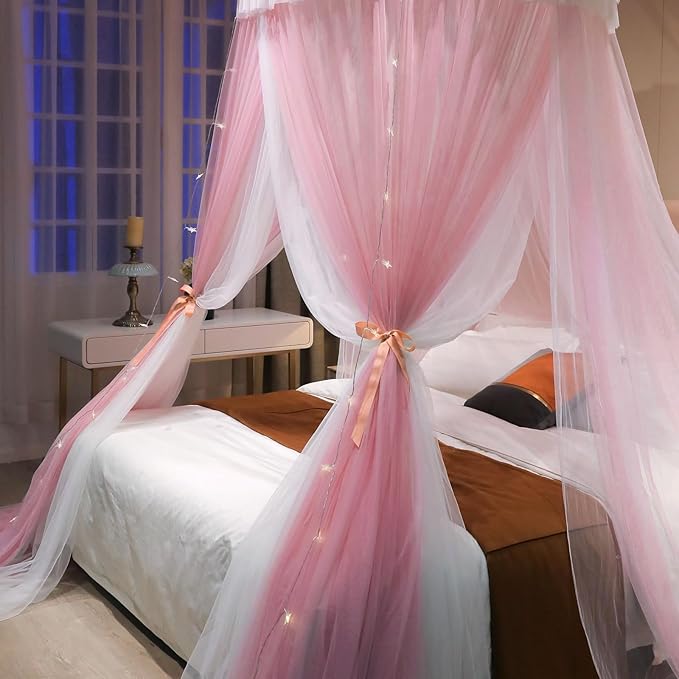 AIKASY Girls and Adults Canopy Bed, Elegant Double-Layer Bed Curtain, Children's Dream Round Lace Mosquito Net, Princess Canopy Net - Fits Twin, Full, Queen, and King Beds (White/Pink)