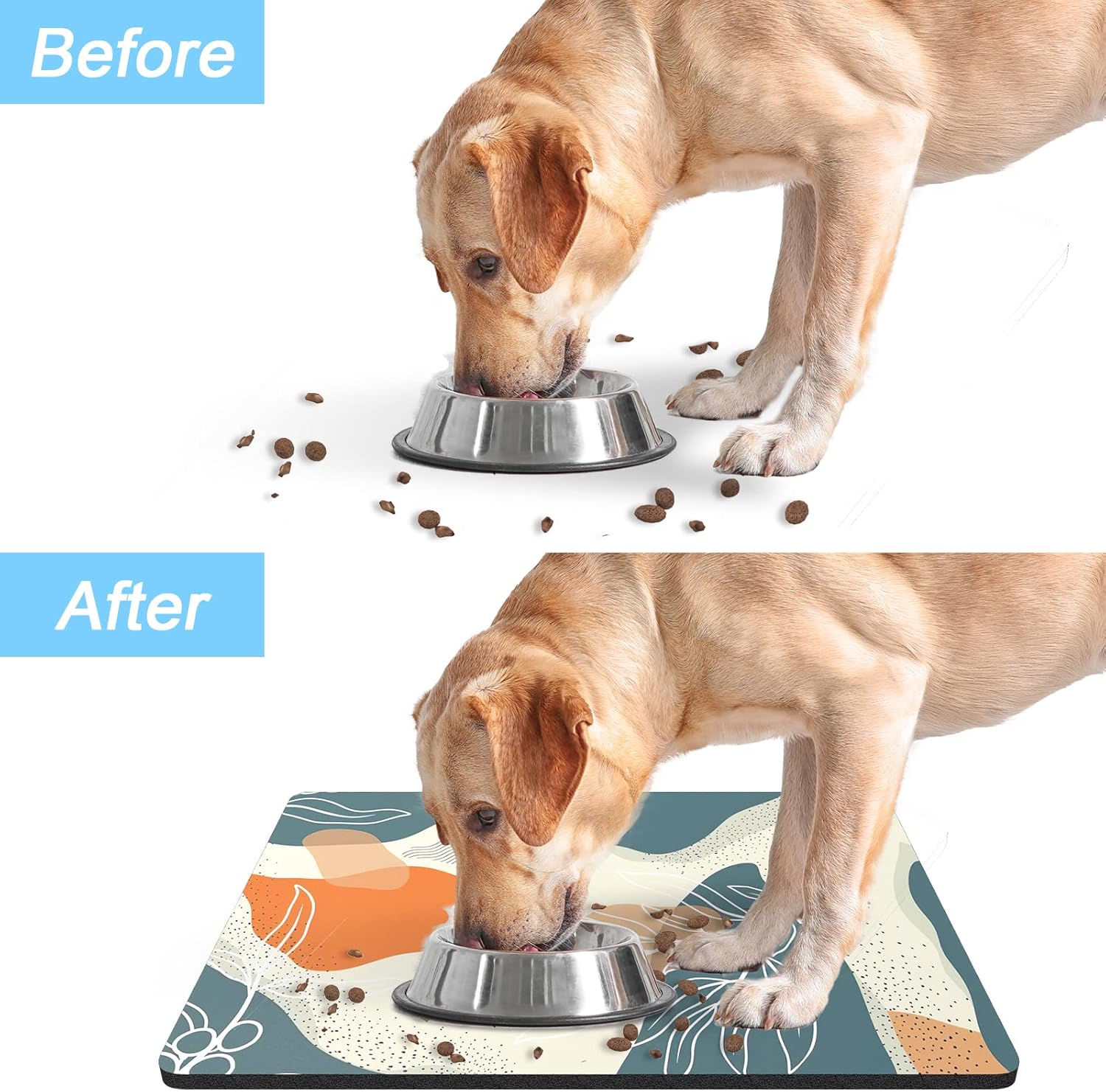 Rnivvi Dog Food Mat, 12" x 19" Boho Absorbent Dog Cat Bowl Mat for Food and Water, Cute Anti-Slip Rubber Pet Feeding Rug Protect Floors, Puppy Placemat for Feeding & Watering Supplies, Abstract Leaves