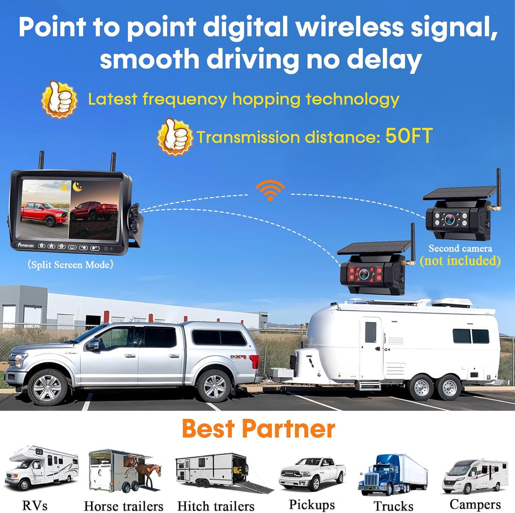 RV Backup Camera with Solar Magnetic: Long Distance No Signal Delay, 7 Inch Touch Key Monitor with Recording, HD 1080P Wireless Backup Camera for Trailer, 5th Wheel, Camper