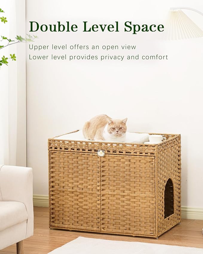 SETVSON Cat Litter Box Enclosure Furniture, Handwoven Rattan Hidden Litter Box - Image 2