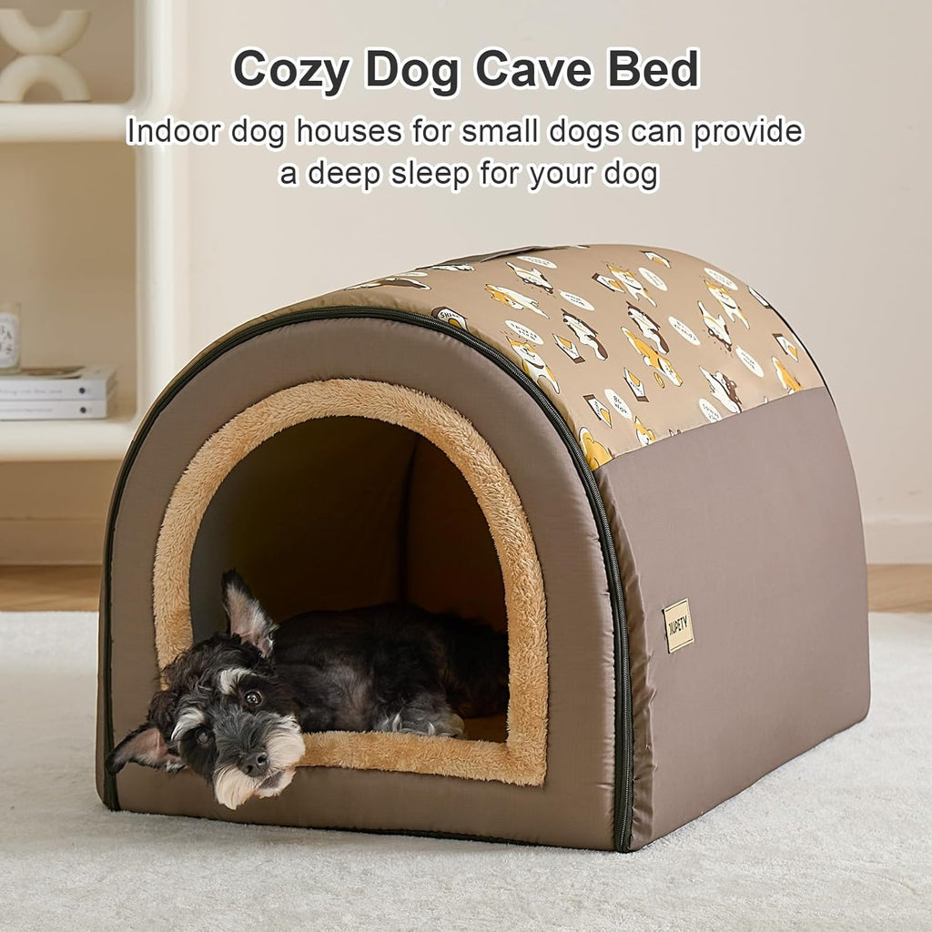 Jiupety Indoor Dog House, 2-in-1 Portable Foldable House Bed with Cover, Pet Tent & Cave Bed for Medium Dogs, XL(29"×21"×20"), Up to 44 Lb, Brown
