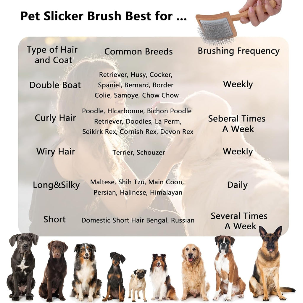 Ergonomic Slicker Brush for Long-Haired Dogs - Wooden Handle, Long Pins for Grooming Goldendoodles