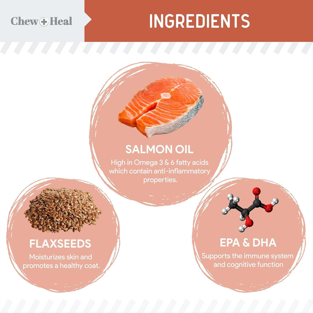 Fish Oil Omega 3 Supplements for Dogs -360 Soft Chew Treats for Skin and Coat -Salmon Oil Blend of Fatty Acids, Omega 3, 6, Vitamins, Antioxidants -Made in USA (2 Packs of 180, Salmon Flavor)
