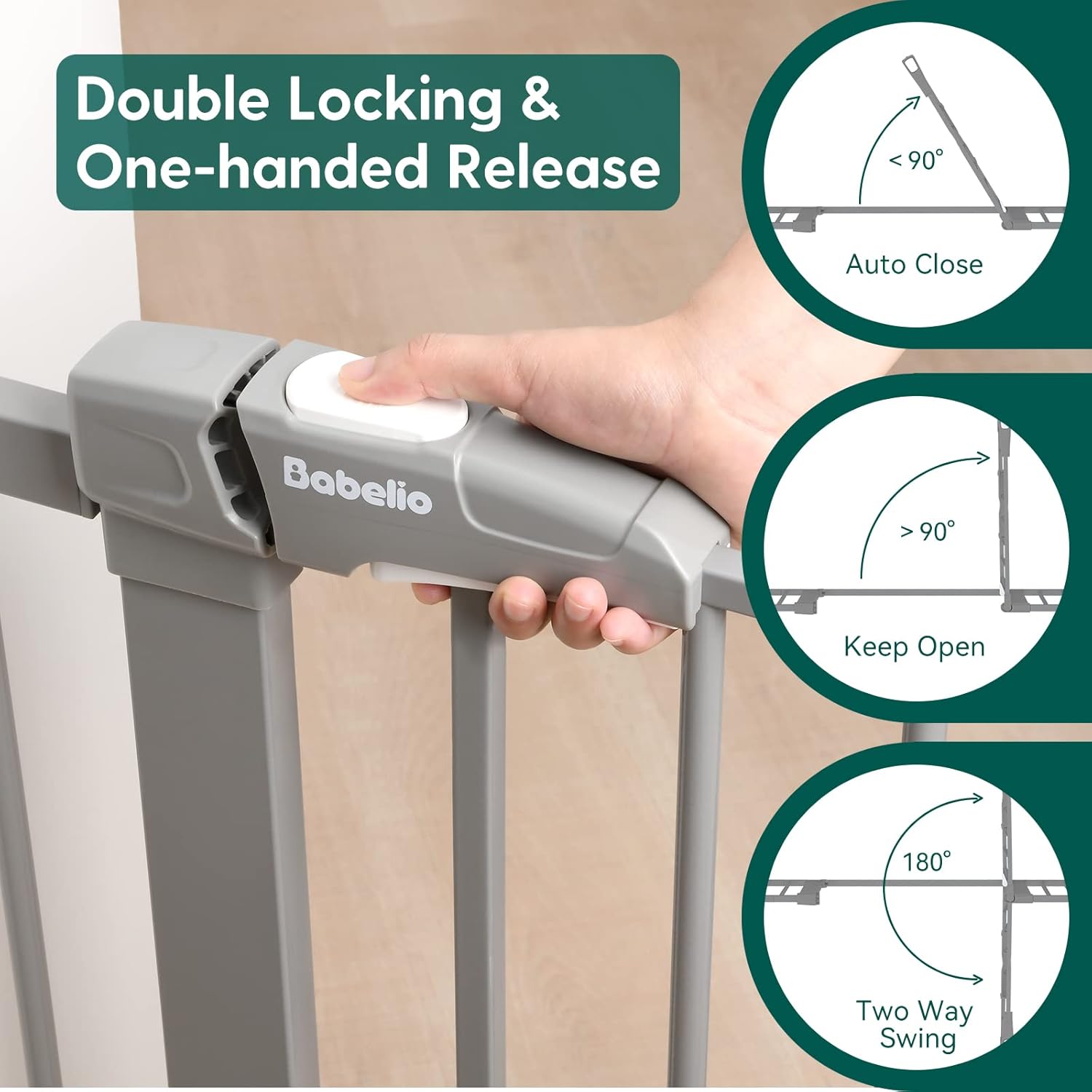 Babelio Metal Baby/Pet Gate, 29-48'' Auto Close Easy Install, Extra Wide Walk Thru for Child Safety, Pressure Mounted Dog Door for Doorways & Stairs, with Y Spindle Rods, Grey
