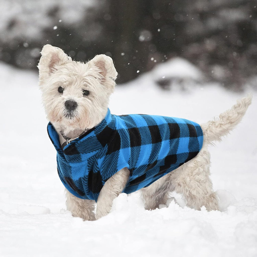 Kuoser Dog Fleece Vest,Warm Plaid Dog Sweater with Leash Hole,Soft Turtleneck Winter Pet Jacket Dogs Coat Pullover Clothes for Small Medium Dogs Cats,Spring Fall Cold Weather Christmas Outfit,Blue S