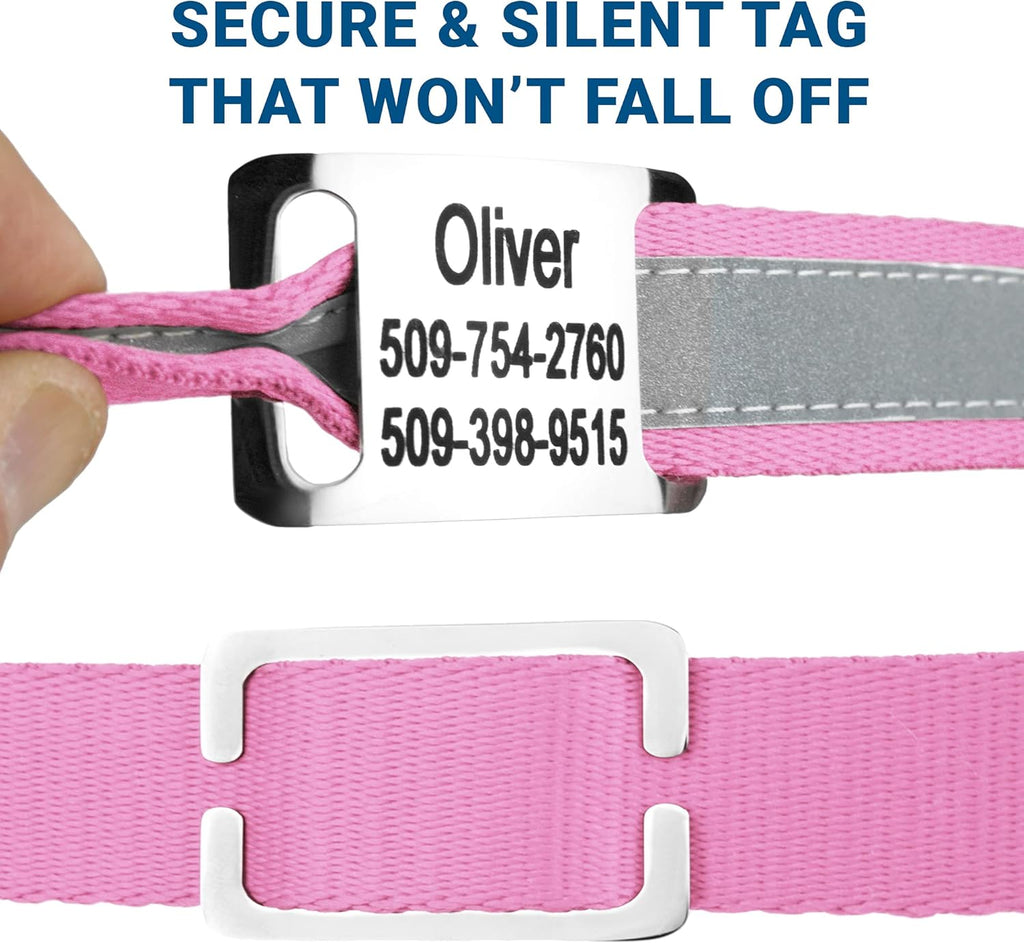 GoTags Reflective Personalized Dog Collar with Nameplate, Adjustable Dog Collar with Custom Engraved Steel Slide On Pet ID Tag, Silent, No Noise Dog Tag for Large Medium or Small (Pink, Small)