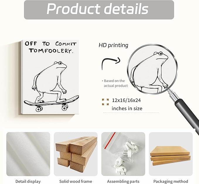 Dytial Funny Frog Wall Art，Funky Skateboard Frog Prints for Wall Decor，Cool Posters，Unique Paintings for Kids Room，Minimalist Funny Animal Artwork - Teen Boy Walls 12x16 Inch