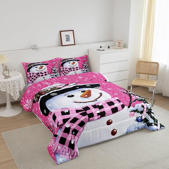 Feelyou Kids Christmas Theme Decorations Bedding Set Xmas Snowman Comforter Set for Boys Girls Snowflake Kawaii Cute Hot Red Bedroom Collection Queen Size