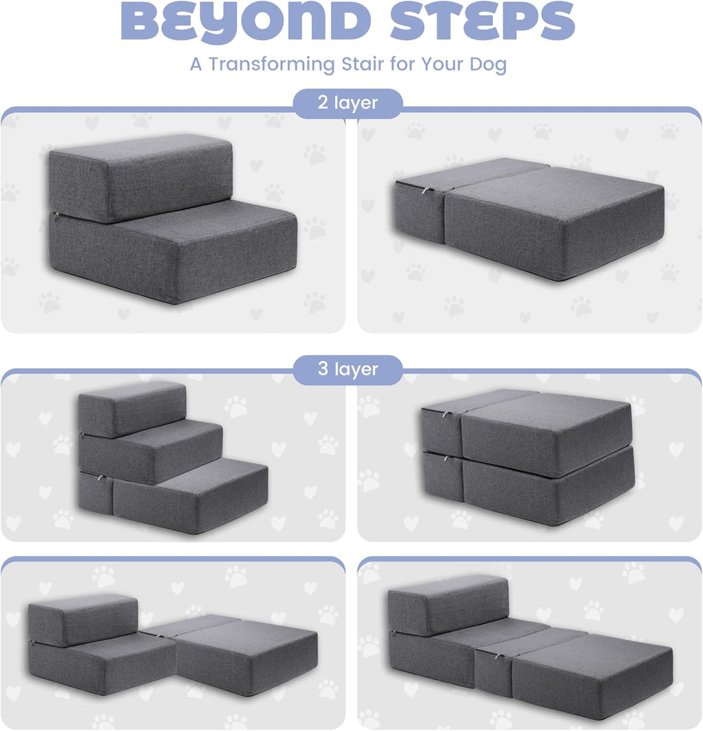 Foldable 18 Inch Wide 3 Step Wide Dog Stairs for Large Dogs, 18 Inch Height Foam Dog Steps for Bed & Couch, Linen Covered Pet Stairs for Dogs to Get on Bed, Outdoor Foam Pet Steps for for Cars & SUV
