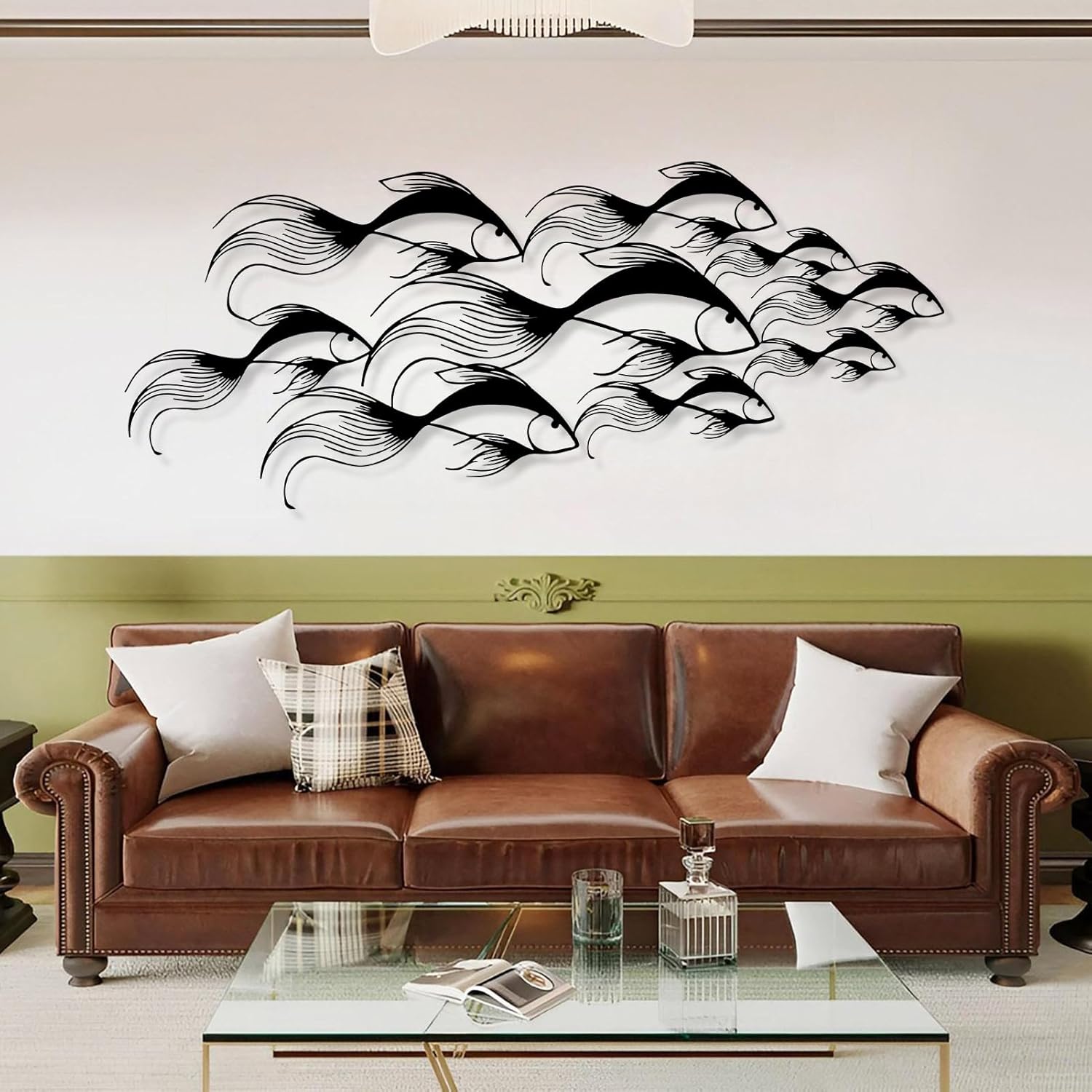 School of Fish Metal Wall Art, Metal Fish Wall Decor, Sea Life Wall Art, Large Nautical Wall Hanging, Modern Beach House Wall Decor, Ocean Themed Artwork for Bathroom (Silver, 59"x25" | 150x64cm)