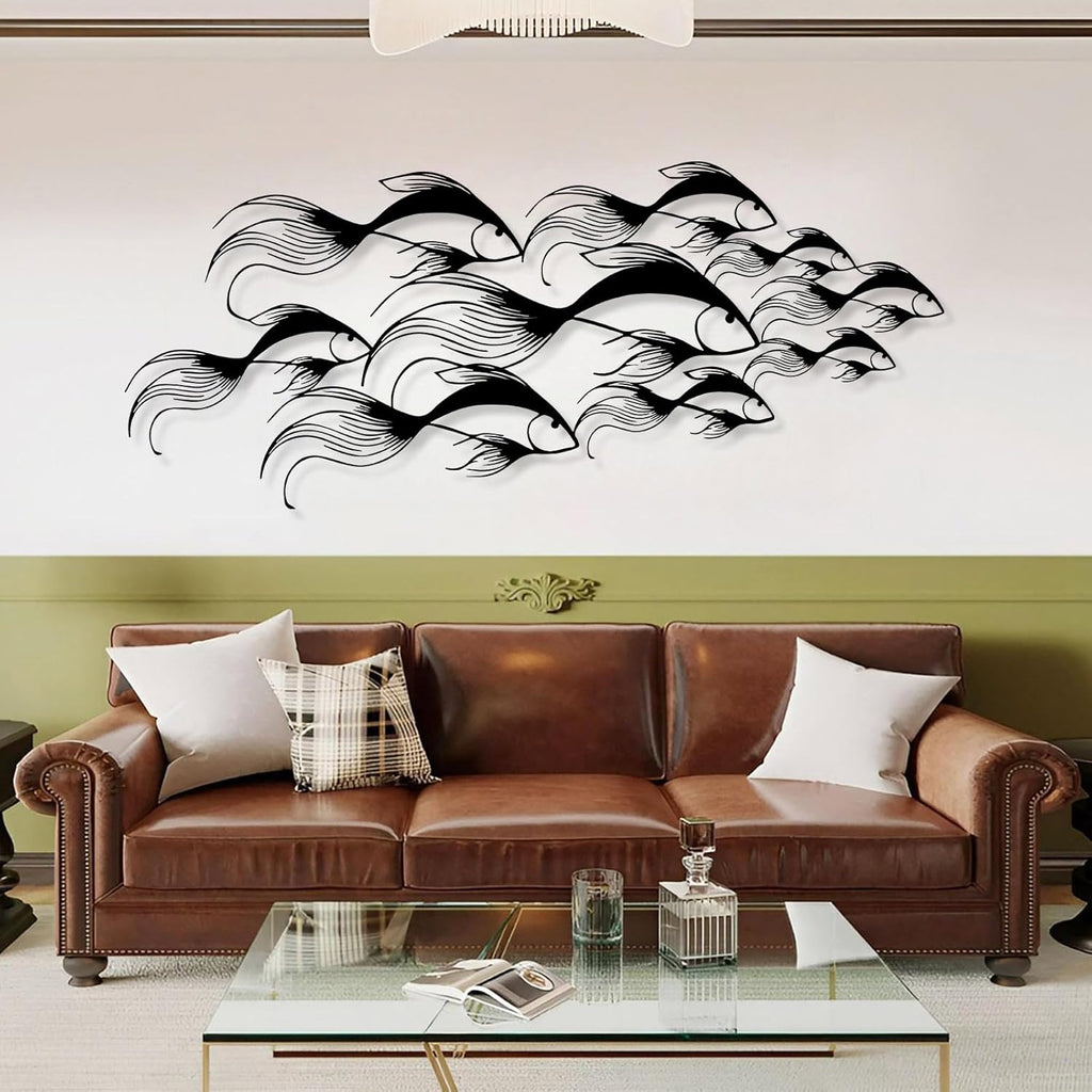School of Fish Metal Wall Art, Metal Fish Wall Decor, Sea Life Wall Art, Large Nautical Wall Hanging, Modern Beach House Wall Decor, Ocean Themed Artwork for Bathroom (White, 30"x12" | 76x32cm)