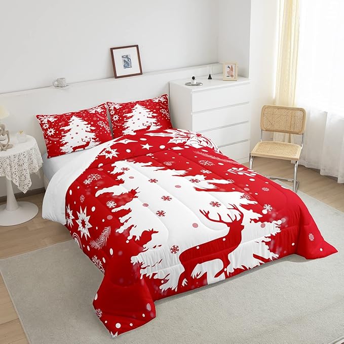 Feelyou Christmas King Size Comforter Set King 3 Pieces Tree Snowflake Deer Printed Bedding Comforter,1 Comforter + 2 Pillow Cases