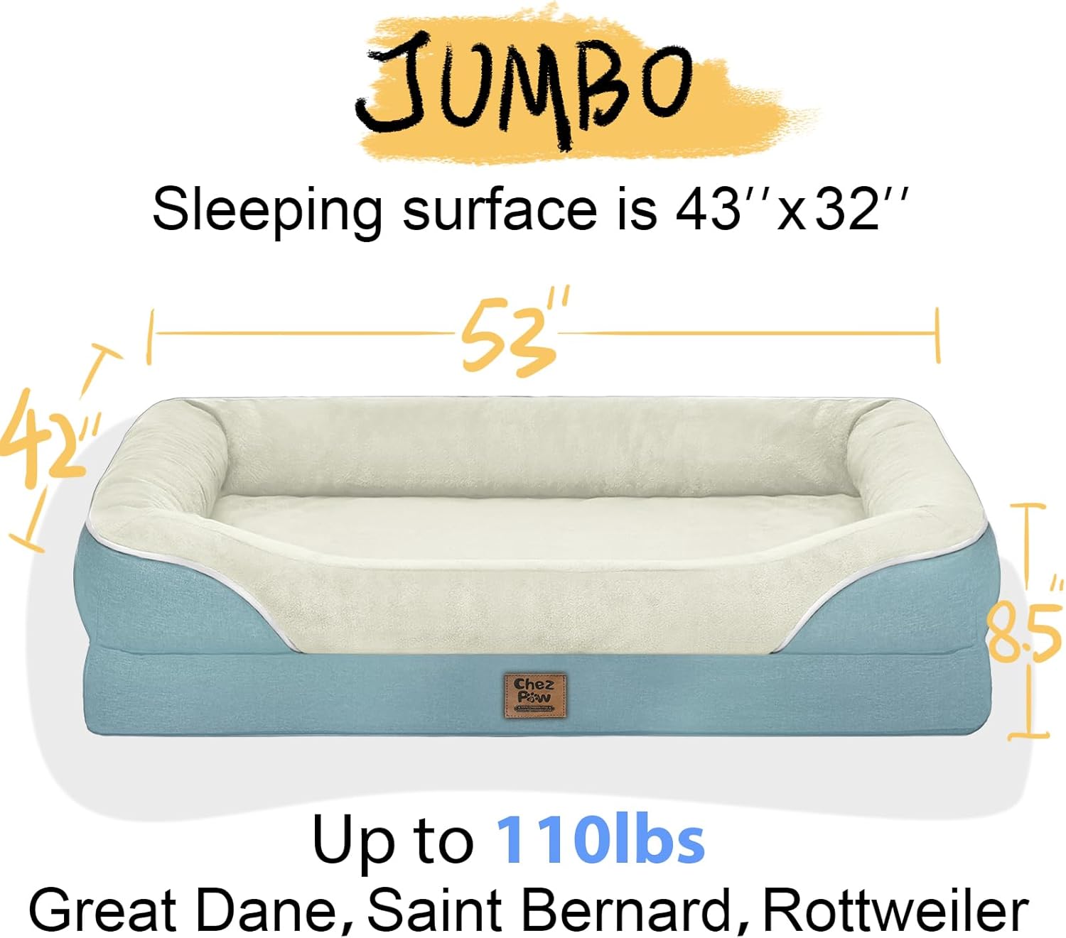 Washable Orthopedic Large Dog Bed - Removable Orthopedic Dog Bed XL with Bolster Extra Large Dogs Beds with Washable Cover Non-Slip Bottom
