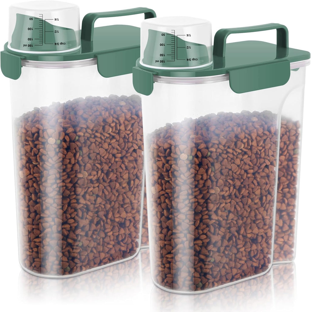 5lbs Cat Dog Storage Container Portable with Upgraded Large Spout and Cup, Plastic Pet Food Dispenser BPA-Free for Small Animal Kibble, Bird Seed, Oatmeal, Rice, Flour, Brown Sugart-2 Set Royal Green