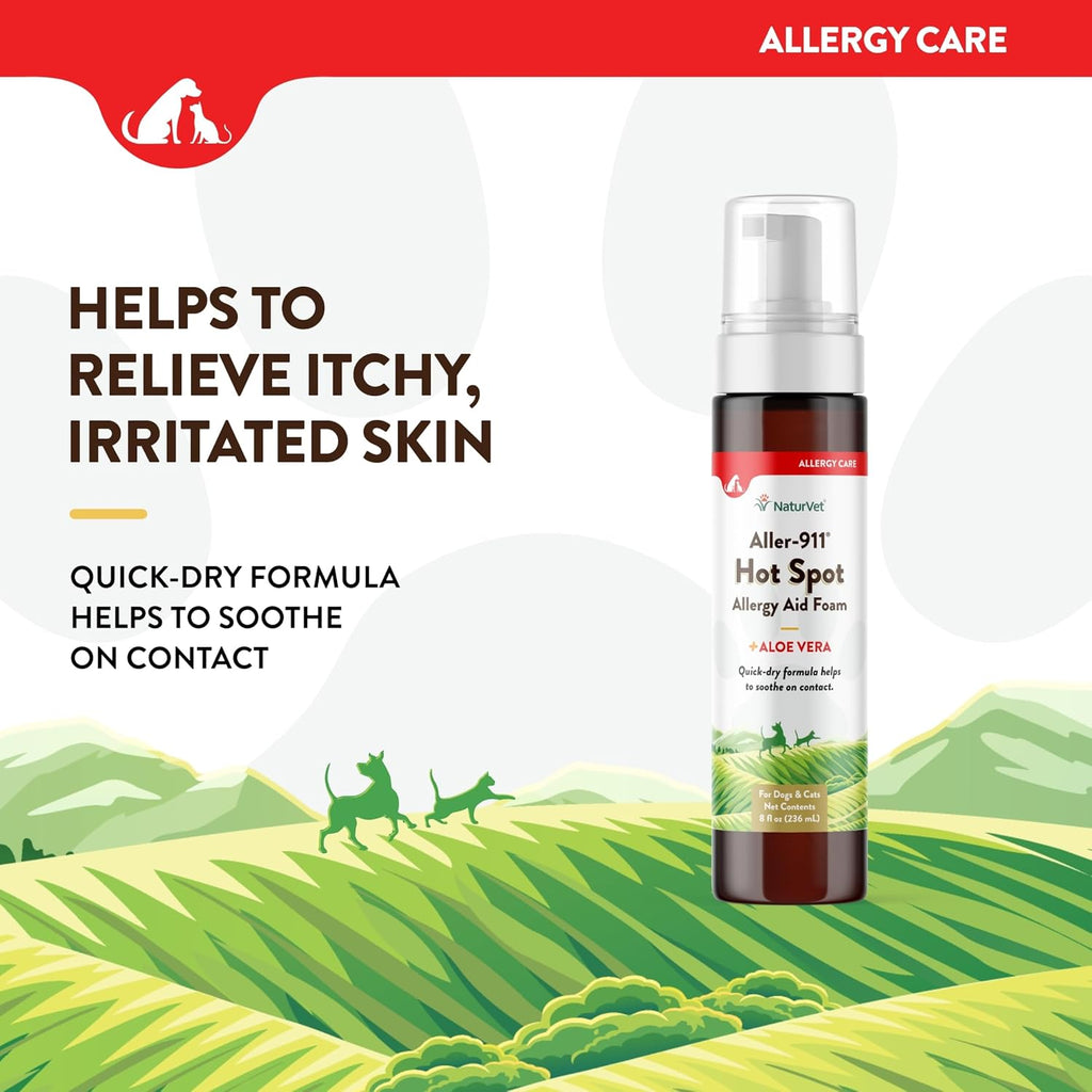 NaturVet Aller-911 Hot Spot Allergy Aid Foam Pet Supplement Plus Aloe Vera – Helps to Relieve Irritated, Itchy Skin for Cats, Dogs – Helps Deter Gnawing, Chewing – Quick Drying – 8 Oz.