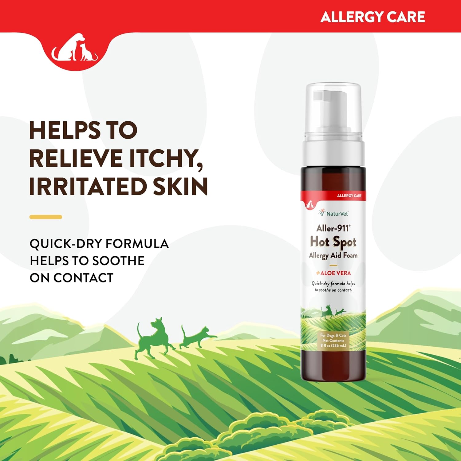 NaturVet Aller-911 Hot Spot Allergy Aid Foam Pet Supplement Plus Aloe Vera – Helps to Relieve Irritated, Itchy Skin for Cats, Dogs – Helps Deter Gnawing, Chewing – Quick Drying – 8 Oz.